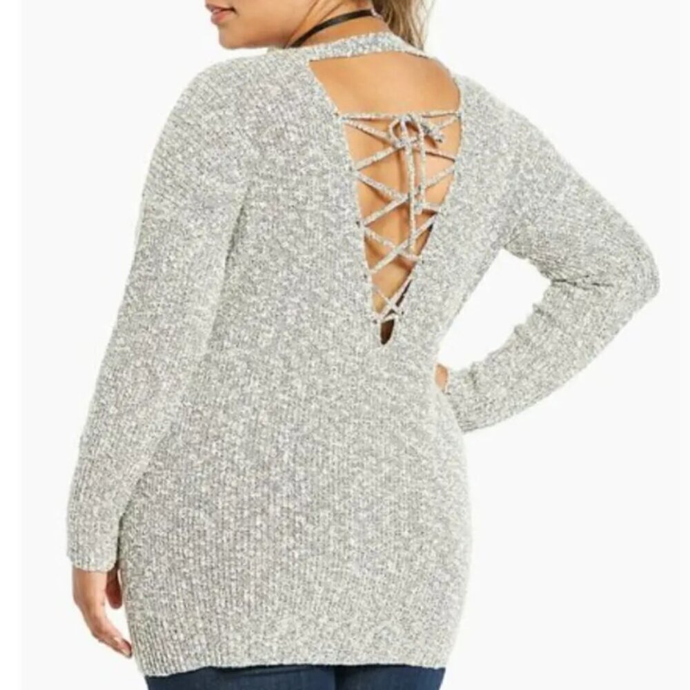 Torrid Plus Size Knit Lace Up Back Sweater White Black Cutout Detail Cotton 2X